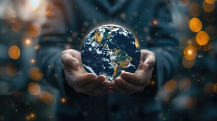 Fototapeta premium A businessman holds a digital hologram of the Earth, representing the global network and connectivity concept. This information technology is used for business intelligence or data science.