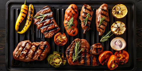 Grilled Beef Steaks, Chicken Legs and Vegetables Photo