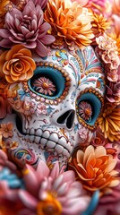 Fototapeta premium A vibrant, colorful sugar skull adorned with floral decorations, capturing the essence of traditional Dia de los Muertos celebrations.