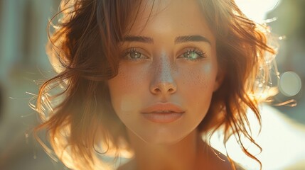 Fototapeta premium A very attractive and beautiful woman is hiding a secret. Clear facial features. Beautiful light in the city. Summer day. Generative AI.