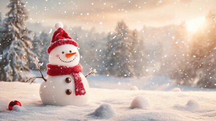 Obraz premium A cheerful snowman wearing a red scarf and hat, standing in a snowy Christmas landscape.