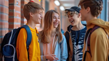 Fototapeta premium A group of young students are standing next to each other, chatting and laughing together, A group of students laughing and chatting in the hallway