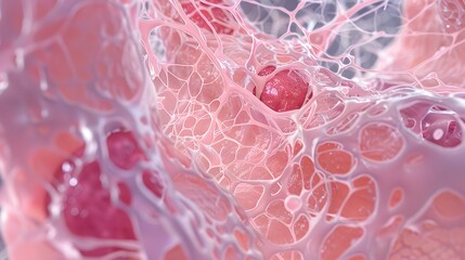 An enlarged image of fibrous connective tissue, visible collagen strands