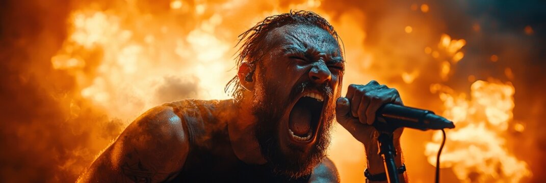 Rock Star Singing with Passion in Front of Fire