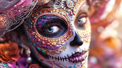 Fototapeta premium Colorful sugar skull makeup adorned with vibrant floral details, capturing the essence of the Day of the Dead celebration.
