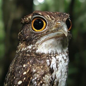 A potoo bird is seen in a close-up shot that highlights its unusual feathers and bulging, expressive eyes.