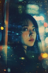 Polaroid of Asian woman in New York, missing home, dark experimental 2000s aesthetic with neon lights and seaside color palette