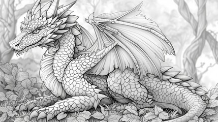 A serene dragon rests in a mystical forest in this coloring book illustration, with elaborate designs on its body and the lush foliage, offering a calming coloring activity.