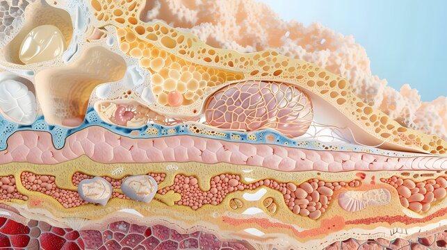 A zoomed view of a cross-section of the epidermis and underlying organs, detailed texture, skin layers, connective tissue visible