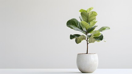 Fiddle Fig tree in a glossy ceramic pot, placed against a smooth white background