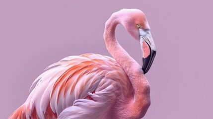 Elegant flamingo bird in a relaxed pose on a pastel lavender background