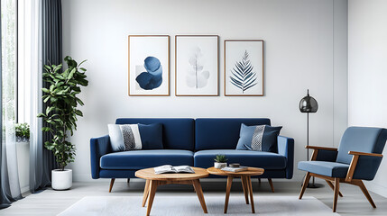 Modern interior with blue sofa, curtains. Armchair and table. Posters on white wall. Wooden accessories. Home decor. 