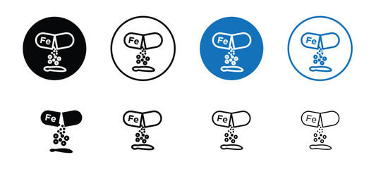 Minerap Fe icons set, black and white icons set isolated representing mineral Fe, fe, iron capsule