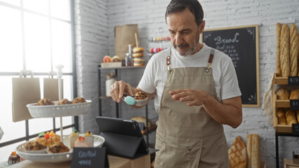 Hispanic man in a bakery shop decorating a cupcake with icing in an indoor setting, standing in...