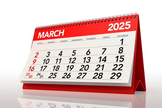 March 2025 Calendar. Isolated on White Background. 3d Rendering