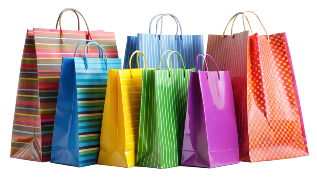 Multi-colored Vibrant Gift Bags and Shopping Bags on Transparent Background