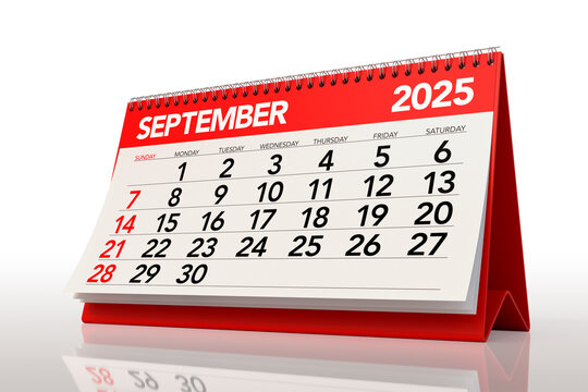 September 2025 Calendar. Isolated on White Background. 3d Rendering