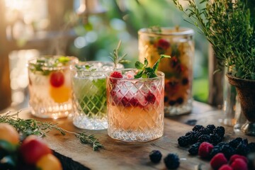 Refreshing cocktails in crystal glasses on a rustic wooden table. Colorful fruits and herbs enhance the vibrant drinks. Perfect for summer gatherings and celebrations. Generative AI