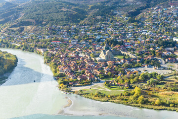 View of the confluence of the Mtkvari (Kura) and Aragvi rivers, Mtskheta, Svetitskhoveli Cathedral...
