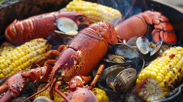 A seaside clambake the smoky aromas of charred lobster tails corn on the cob and butterdrenched clams mingling with the fresh ocean breeze