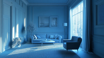 A computer-generated image of a blue room with furniture. The room has a single color scheme and is rendered in 3D.