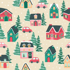 Winter Christmas village seamless pattern