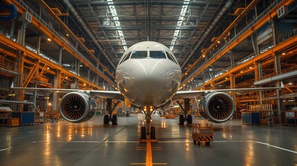 Airliner undergoing final testing and preparation inside an aircraft factory, with technicians and equipment ensuring it meets safety and performance standards.