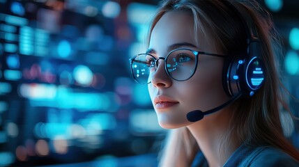 Focused woman with headset working in a high-tech environment, analyzing data on multiple screens. Modern technology and communication concept.