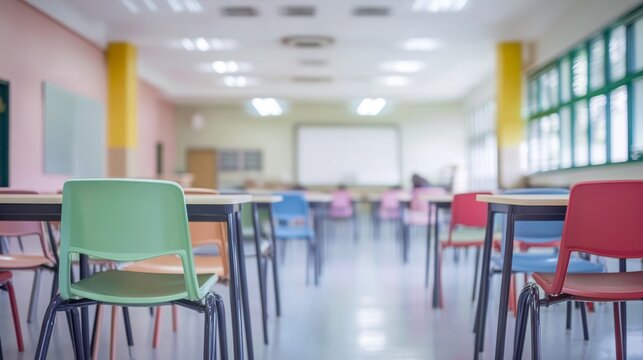 School classroom in blur background without young student; Blurry view of elementary class room no kid or teacher with chairs and tables in campus.