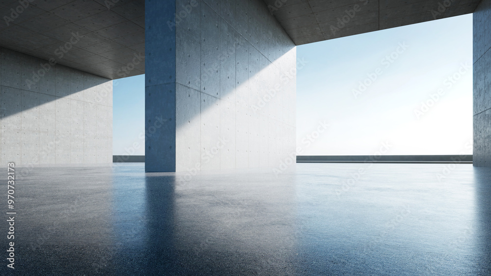 Poster 3d render of abstract modern concrete architecture with empty cement floor, minimal exterior, car pr