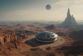 Futuristic spaceship landing on a red planet with alien moon