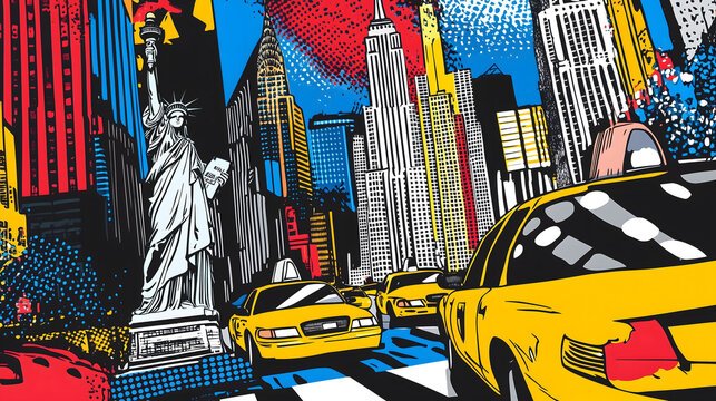 Hyper-Realistic Artwork of New York City, Featuring Iconic Landmarks Such as the Statue of Liberty and Empire State Building, with Bold Black Outlines, Vibrant Colors, and Comic-Style Action Bursts to