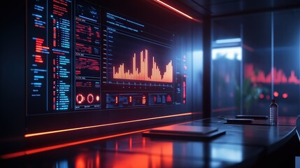 Futuristic workstation with orange glowing graphs on screens, showcasing data analysis and technology in a modern office setting.