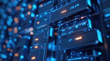 Close-up of a server rack with glowing blue and orange lights.
