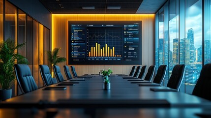 Modern conference room with a large screen displaying business analytics data. Sleek chairs and a city view complete the professional setting.