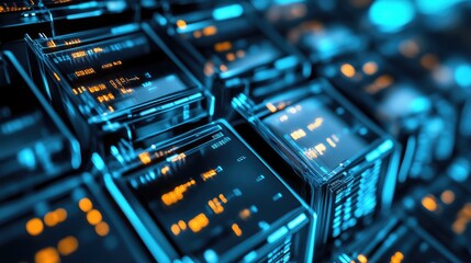 Fototapeta premium Abstract digital cubes with blue and orange glow, representing modern technology and data processing.