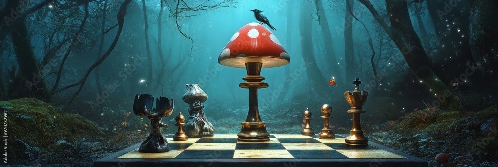 Wall mural A chessboard set in a magical forest, with a giant mushroom acting as the king's pawn, a crow perched on top, and fireflies illuminating the scene. This image symbolizes strategy, nature, fantasy, and