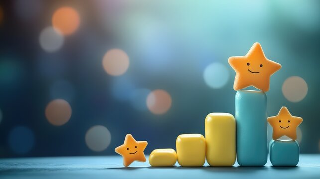 Smiling star growth chart concept with colorful blocks symbolizing success, achievement, and progress on a dreamy bokeh background.