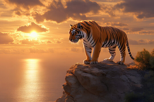 A majestic tiger stands on a cliff during a stunning sunset over the ocean.
