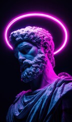 Ancient Greek statue illuminated by neon purple glow with halo effect, displaying classical art and modern aesthetics