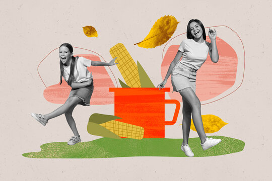 Composite photo collage of two happy girls sisters dance farm harvest corn mug autumn season walk leaves isolated on painted background - Powered by Adobe