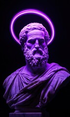 Obraz premium Neon purple glow on classical bust with halo effect, digital art on black background representing modern aesthetics and creativity