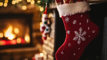 A close-up of a red and white stocking hanging by the fireplace, with Christmas gifts peeking out.