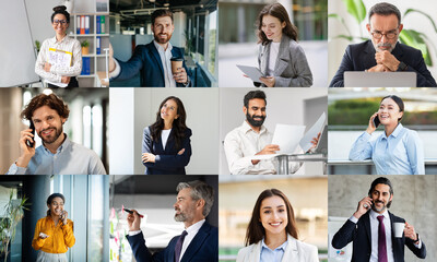 A diverse group of professionals is captured in a modern office environment, engaging in various...