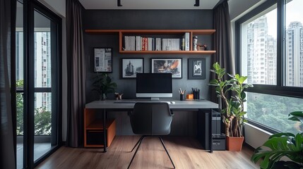111. Modern home office with a simple desk, minimal decor, and natural light