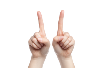 Two hands displaying a gesture with raised index fingers, symbolizing attention or pointing in a clear and focused manner.