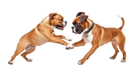 Two playful boxers engaging in a friendly match, showcasing energy and companionship in a vibrant setting.