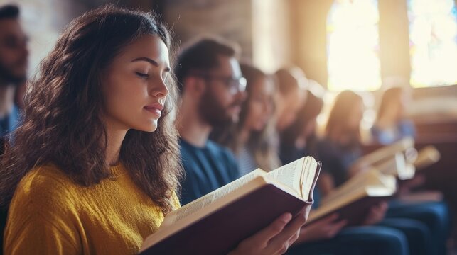 Christian Bible Study Concepts Christian followers are studying the word of God in churches.