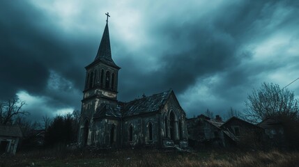 Fototapeta premium Ancient abandoned Church against a dark sky. Cityscape on Halloween copy space