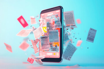Smartphone screen exploding with digital news articles and notifications, representing information overload and media consumption